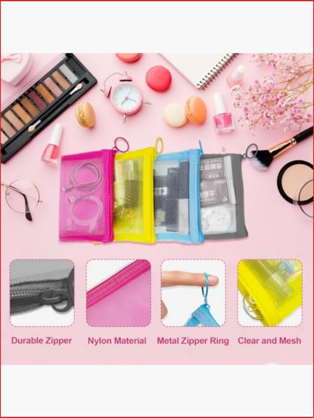 Mini Mesh Pouches 4 Pack, Small Zipper Bags For Makeup Travel Toiletries View 5